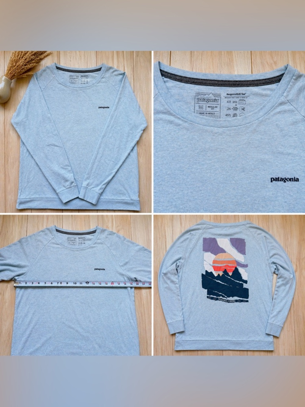 Patagonia Responsibili-Tee Long Sleeve Shirt Light Blue Graphic Back Size M